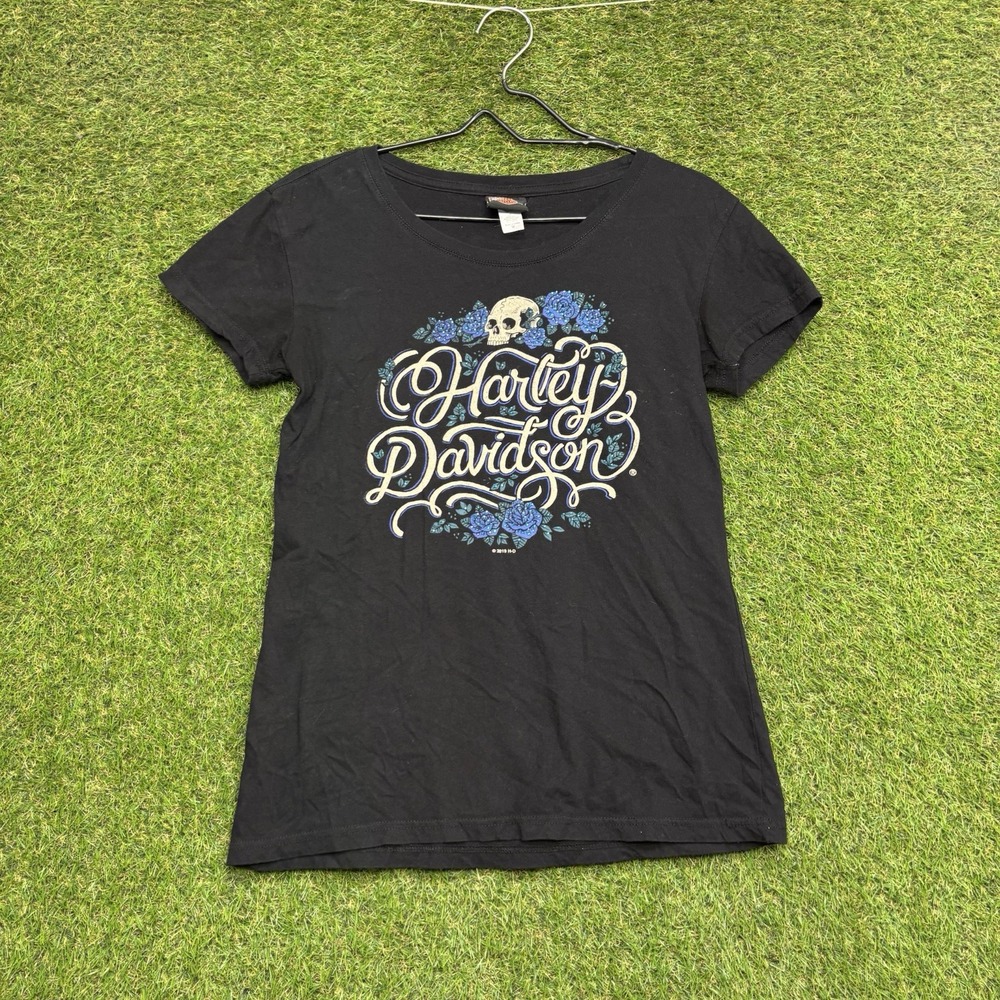 Harley Davidson Shirt Womens Medium Black Sugar Skull Embellished Roses Y2K